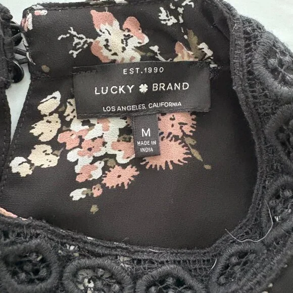 Lucky Brand Semi-Shear Blouse Black w/Pink Floral Size Medium EUC - Picture 3 of 10